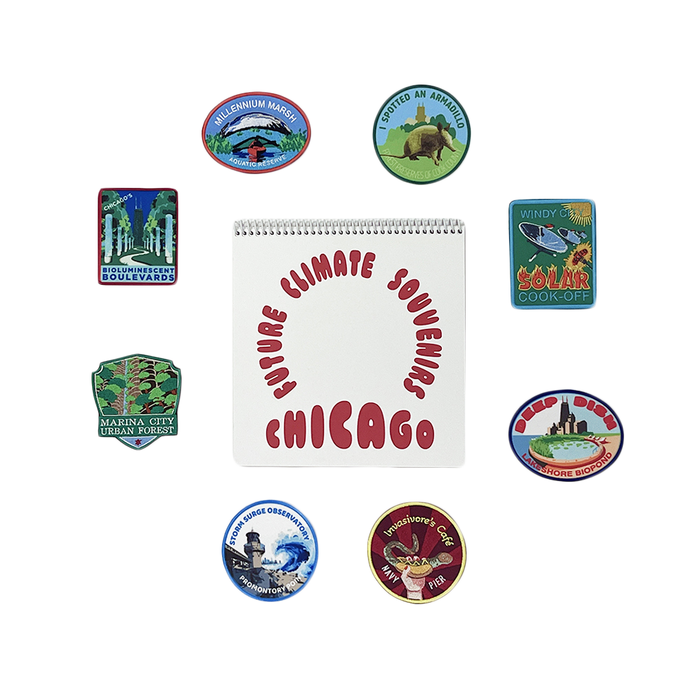 Group image featuring a collection of the illustrated patches arranged around a White spiral notebook with curved red bubble text reading “Future Climate Souvenirs – Chicago.”