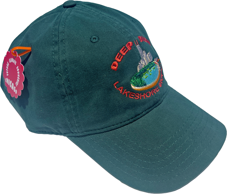 Dark green baseball cap embroidered with an illustration showing the Chicago’s skyline with beach chairs around a pond, labeled “Deep Dish Lakeshore Biopod.”