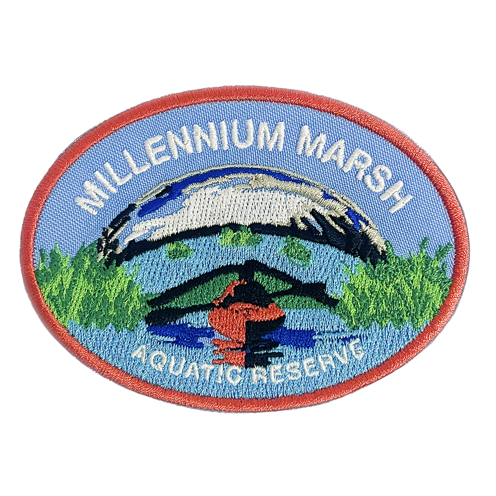 Oval patch illustration showing a wetland with a canoe in front of Chicago’s Bean, labeled “Millennium Marsh Aquatic Reserve.”