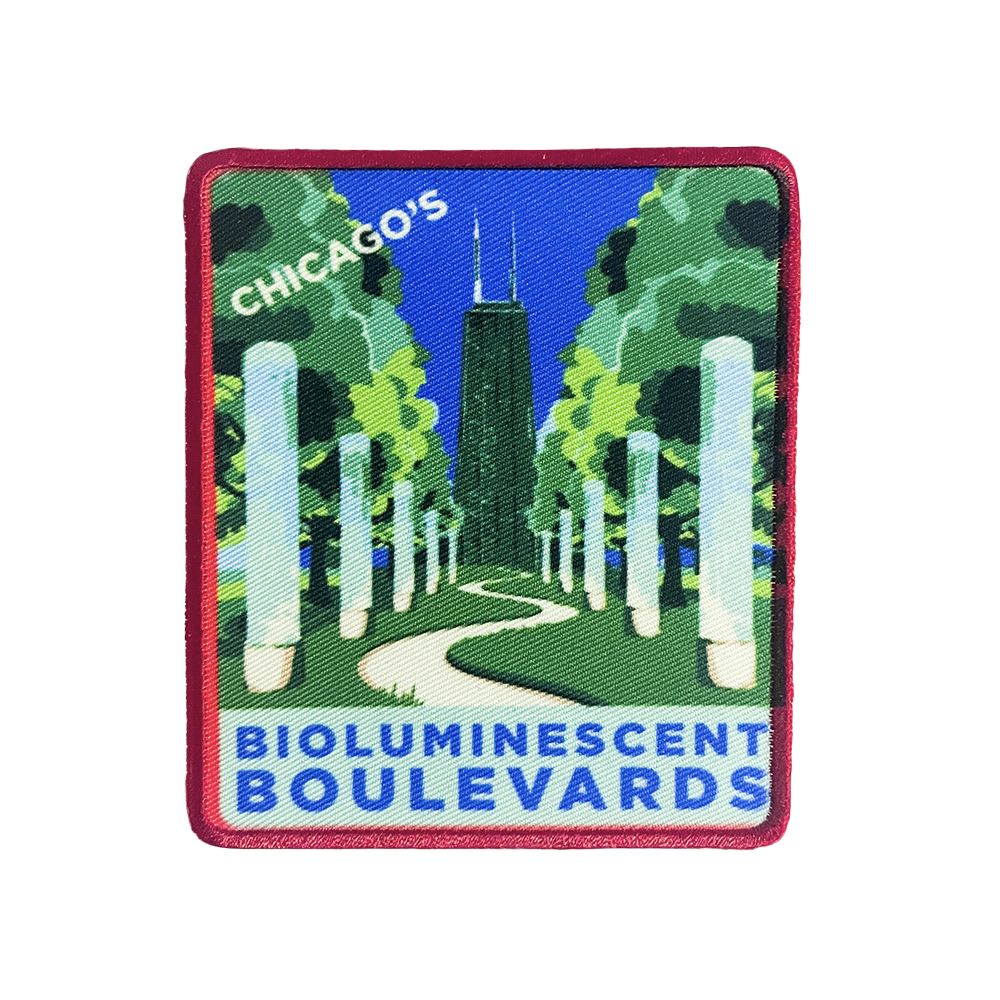 Rectangular patch illustration of downtown skyscrapers glowing with blue bioluminescent pillars throughout a walkway, labeled “Chicago’s Bioluminescent Boulevards.”