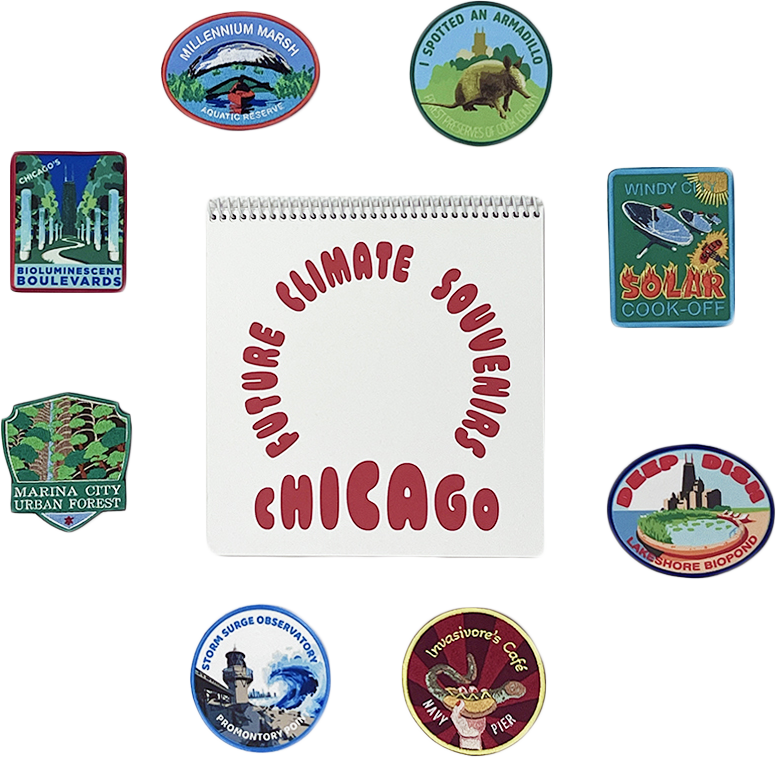 Group image featuring a collection of the illustrated patches arranged around a White spiral notebook with curved red bubble text reading “Future Climate Souvenirs – Chicago.”